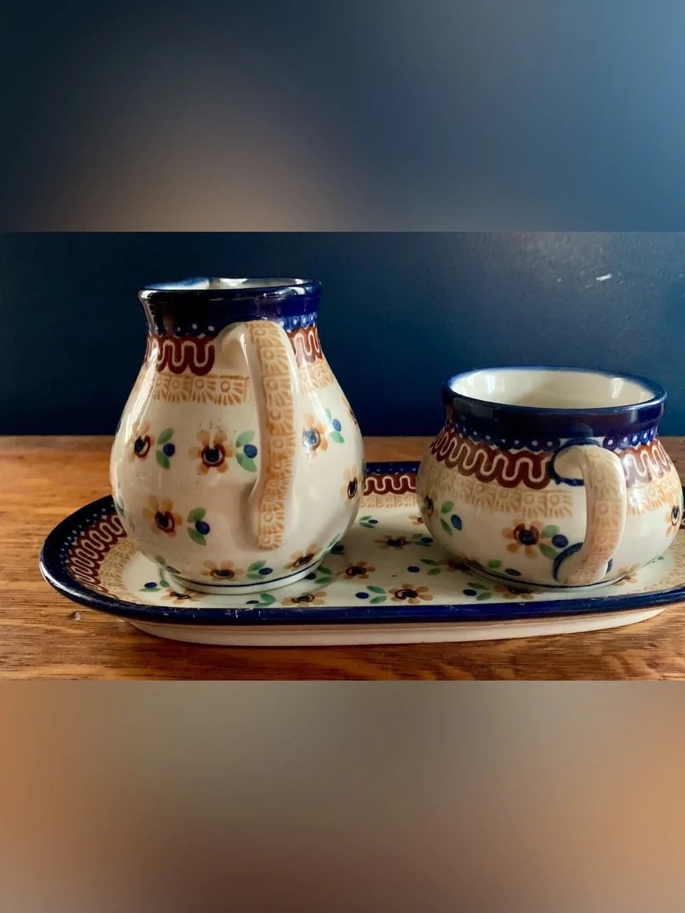 Hand-Painted Floral Ceramic Creamer & Sugar Set in Cream and Blue Polish Pottery